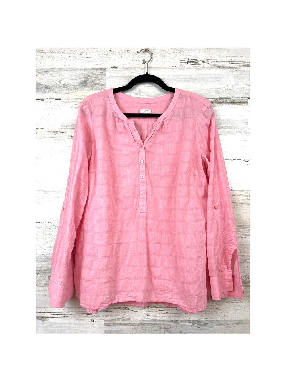 Talbots Womens L Pink Lightweight Cotton Roll Cuff Long Sleeve Blouse Casual